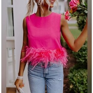 La' Rose Hot Pink Feather Hem Trim Sleeveless Top Size Large NWOT